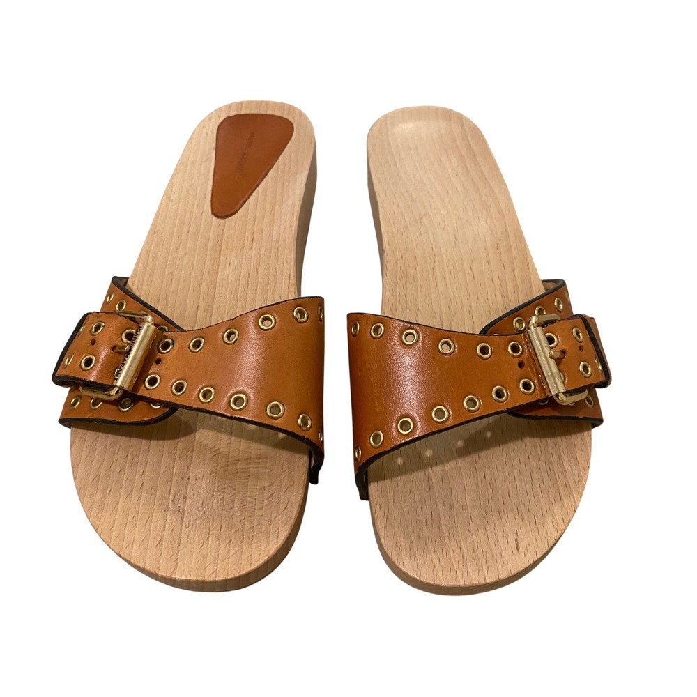 Isabel Marant Jaso Slide Sandal 40 Tan Leather Wood Studded Designer Luxury Boho - Picture 3 of 14